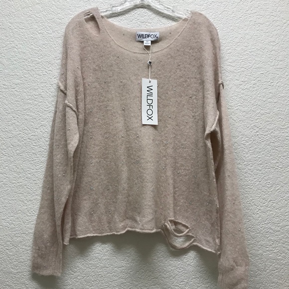 WILDFOX Sweater Wool Blend Distressed Beaded Lightweight NWT Tan Medium - Picture 4 of 9